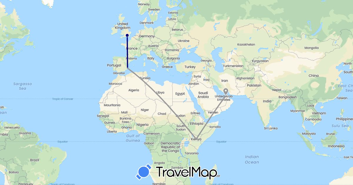 TravelMap itinerary: driving, plane in United Arab Emirates, Spain, United Kingdom, Kenya (Africa, Asia, Europe)